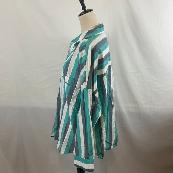 By Anthropologie Oversized Top L Dark Mint Blue White Stripe Button Front Pocket - Picture 6 of 11